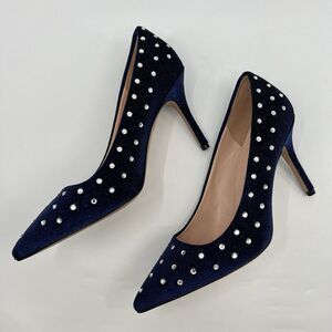 NEW J. Crew Velvet POINTED TOE Crystal-Studded Pumps Heels Blue Italy‎ K2625 6.5